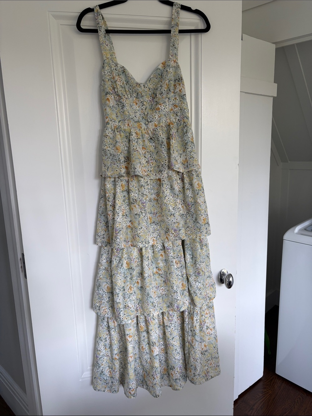 Astr Tiered Floral Maxi Dress in Cream with Yellow and Light Blue Accents